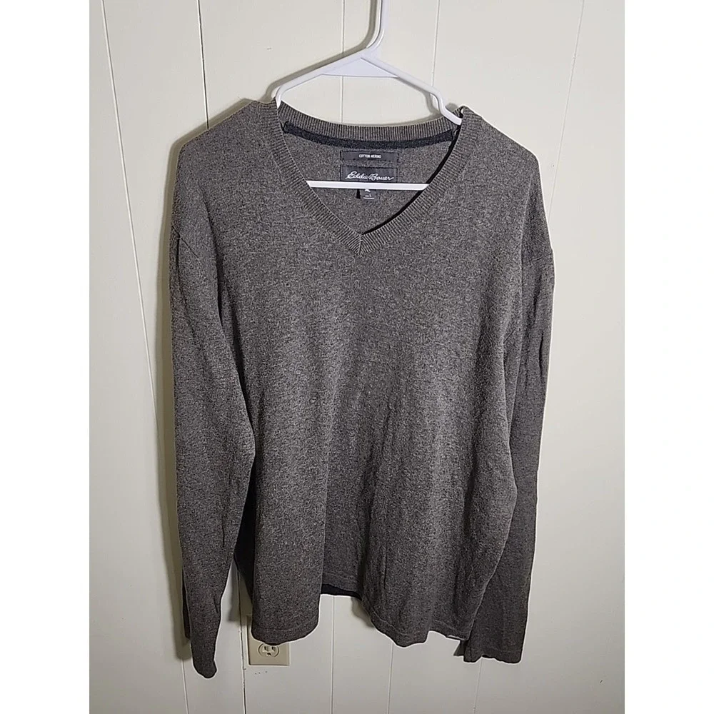 Eddie Bauer Mens Wool V Neck Sweater Size Large Vintage Cotton Merino Wool
